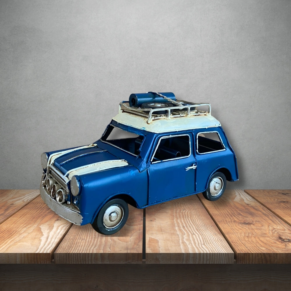 Vintage Diecast Blue Mini with Spare Wheels on Roof Rack