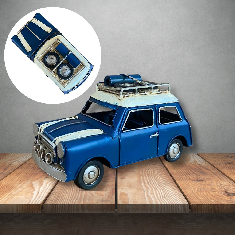 Vintage Diecast Blue Mini with Spare Wheels on Roof Rack