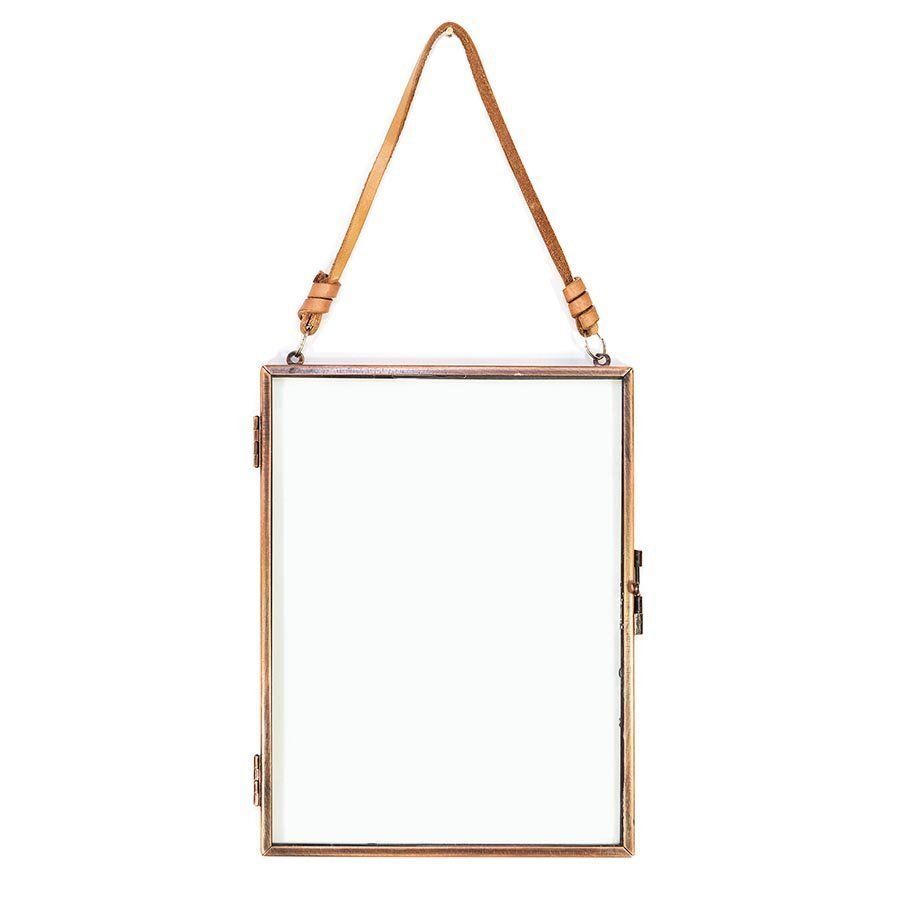 IS Gift Metal Clear Glass Press Frame with Leather Strap Hanger