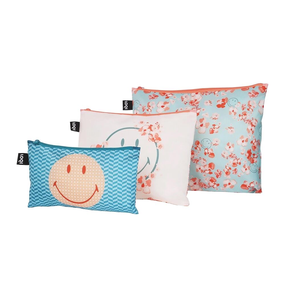 LOQI Smiley Transparent Milky Blossom Recycled Zip Pockets 3pcs Set