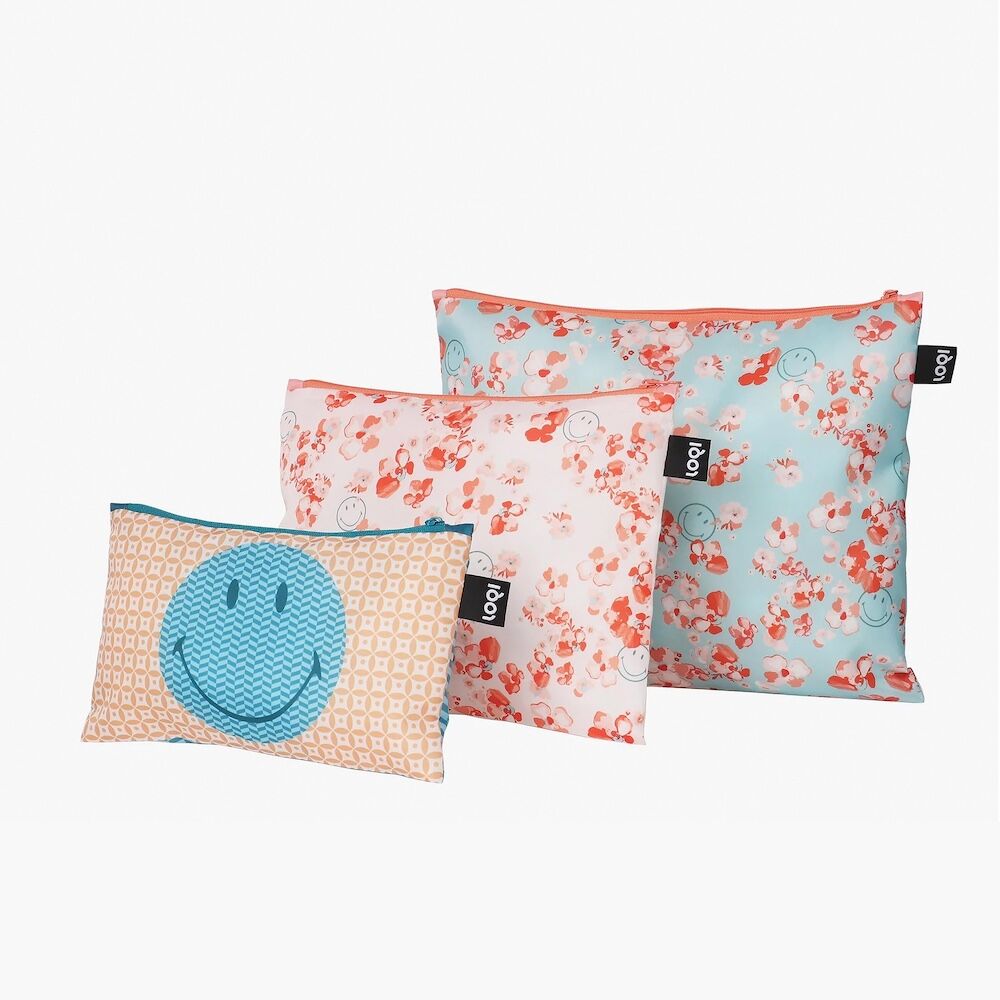 LOQI Smiley Transparent Milky Blossom Recycled Zip Pockets 3pcs Set