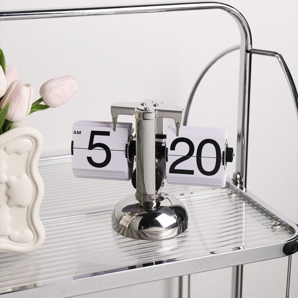 Retro Stainless Steel Flip Desk Clock - Silver
