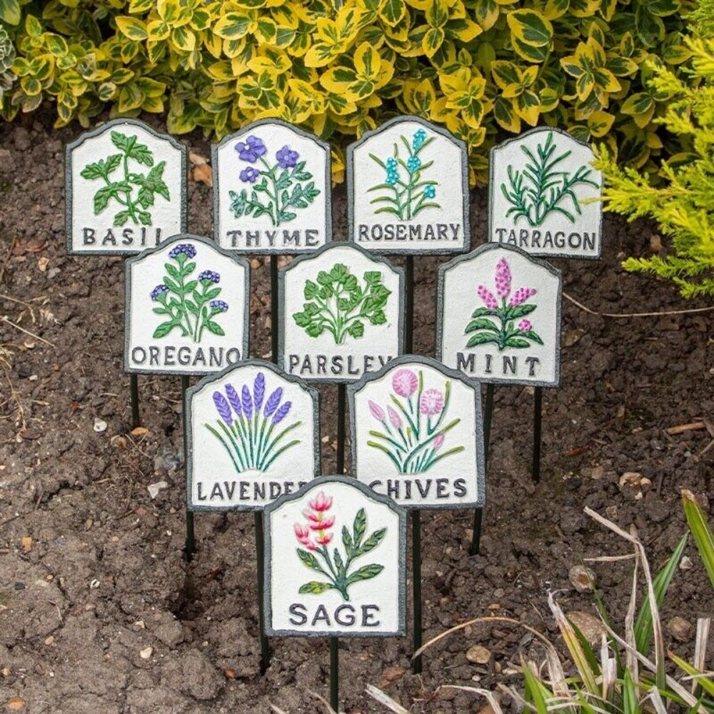 Cast Iron Garden Herb Marker Signs (Set of 10)