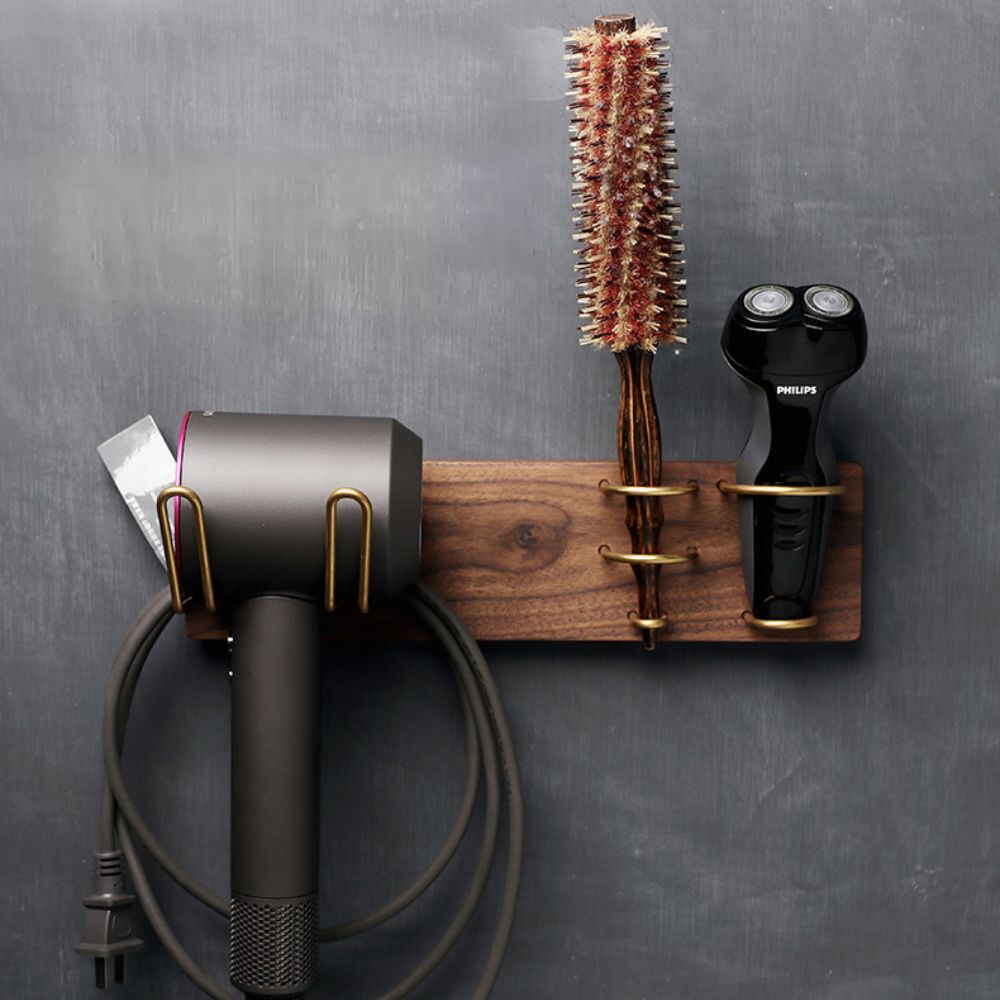 Multifunctional Walnut Wall Mount Dyson Hair Dryer Holder 30cm