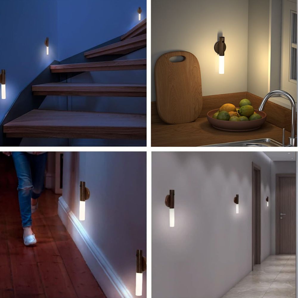 No-Drill Magnetic Walnut Motion Sensor Wall LED Light