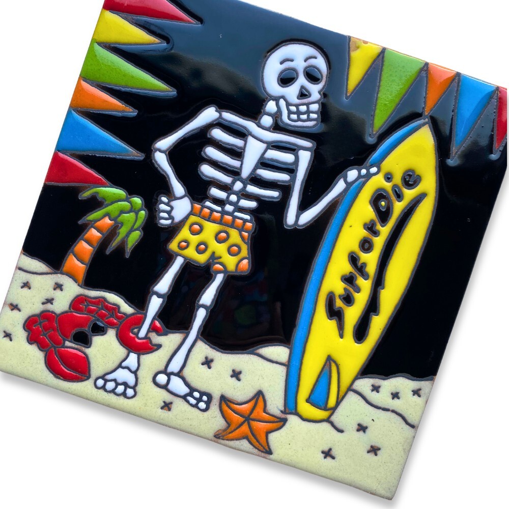 Mexican Surfer Skeleton Talavera Ceramic Tile 15cm
