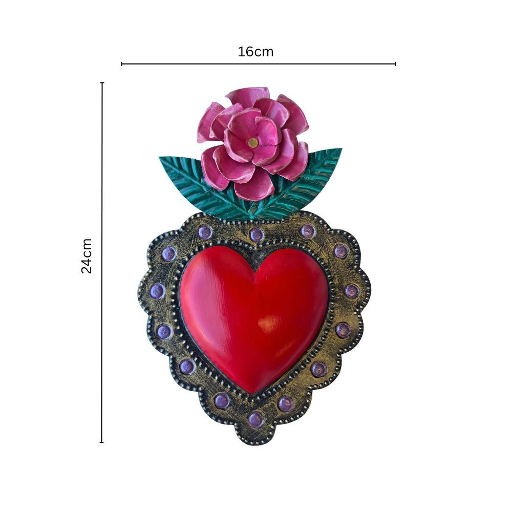 Flor Corazon Mexican Folk Art Tin Heart 24cm