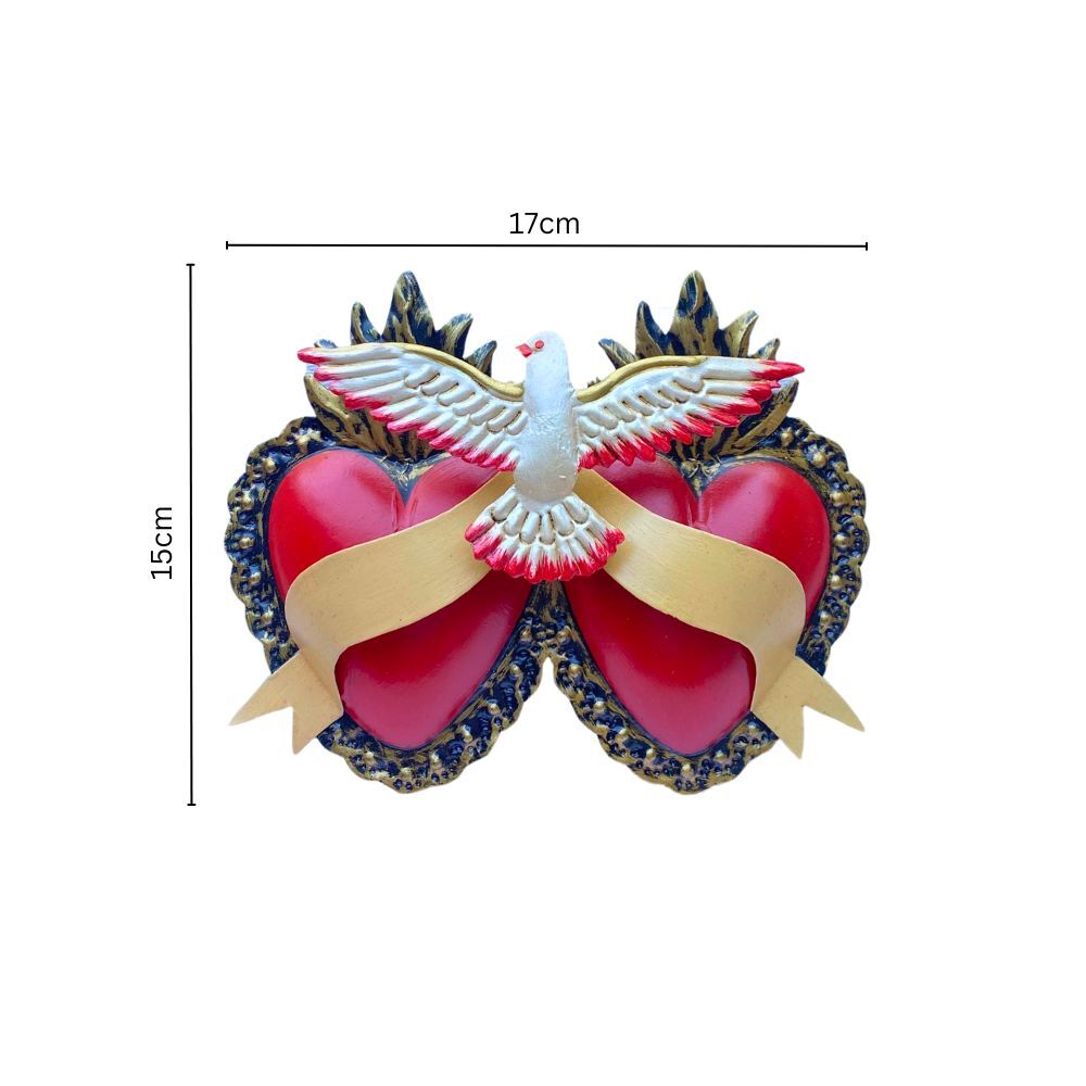 Doble Corazon with Dove Mexican Folk Art Tin Heart 17cm