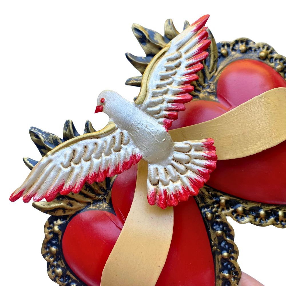Doble Corazon with Dove Mexican Folk Art Tin Heart 17cm