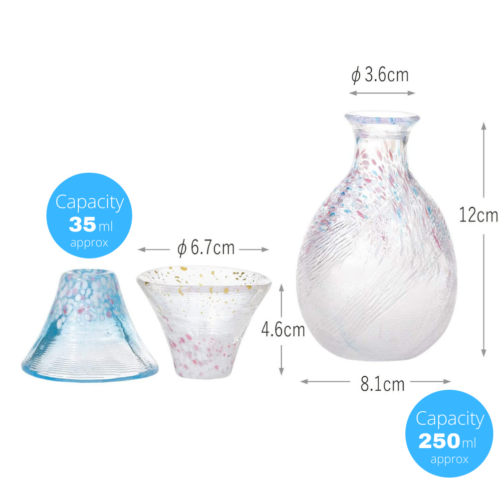 Toyo-Sasaki Glass Good Fortune Sakura Mt Fuji Sake Set 3pcs