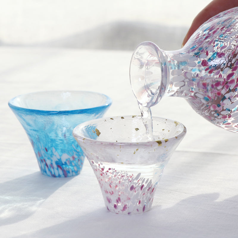 Toyo-Sasaki Glass Good Fortune Sakura Mt Fuji Sake Set 3pcs