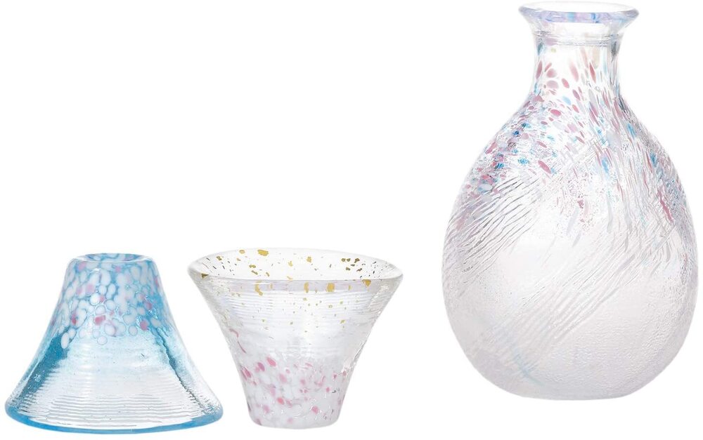Toyo-Sasaki Glass Good Fortune Sakura Mt Fuji Sake Set 3pcs