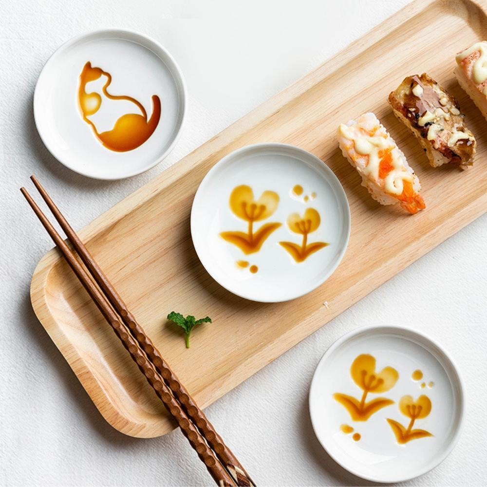 Ceramic Flowers Engraved Soy Sauce Dish (Set of 2)