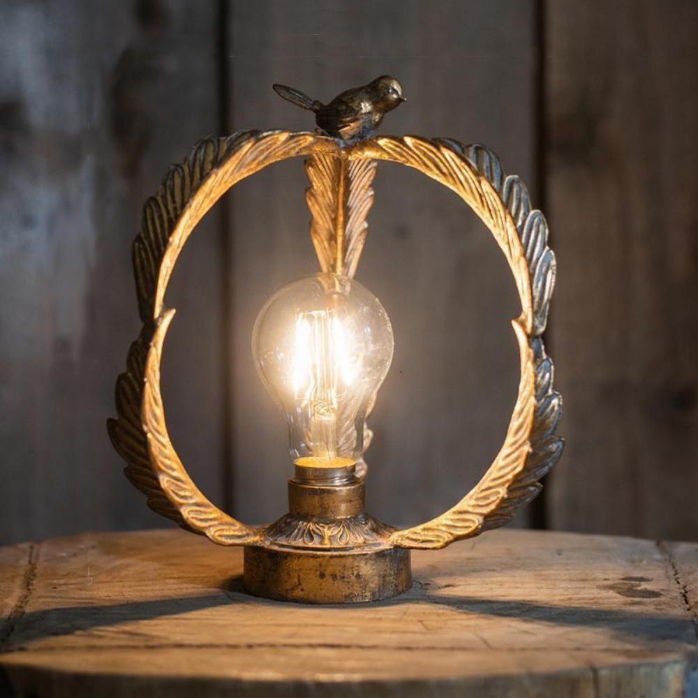 Vintage Gold Metal Bird Wreath Table Lamp