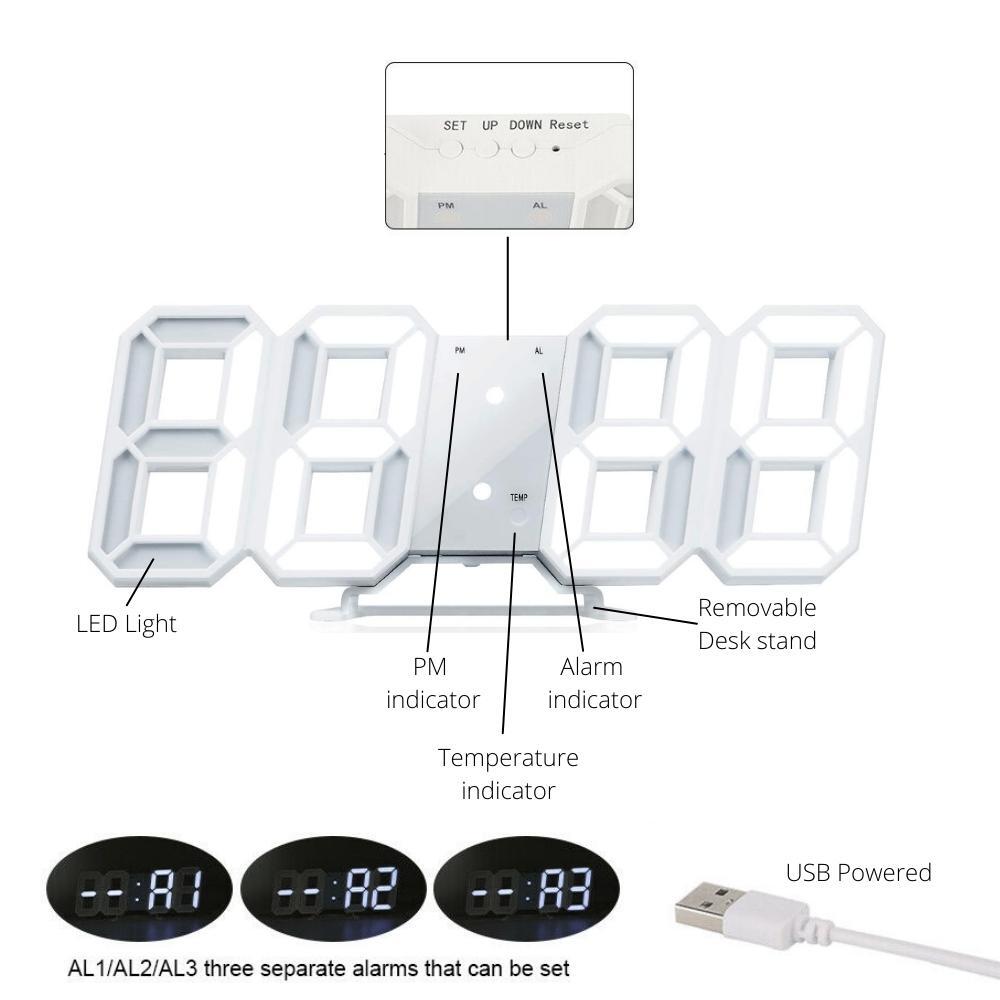 3D LED Light Up Desk/Wall Alarm Clock - White