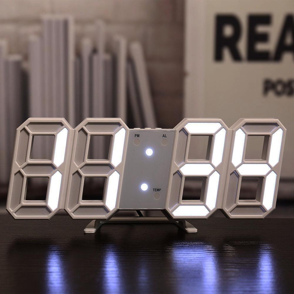 3D LED Light Up Desk/Wall Alarm Clock - White