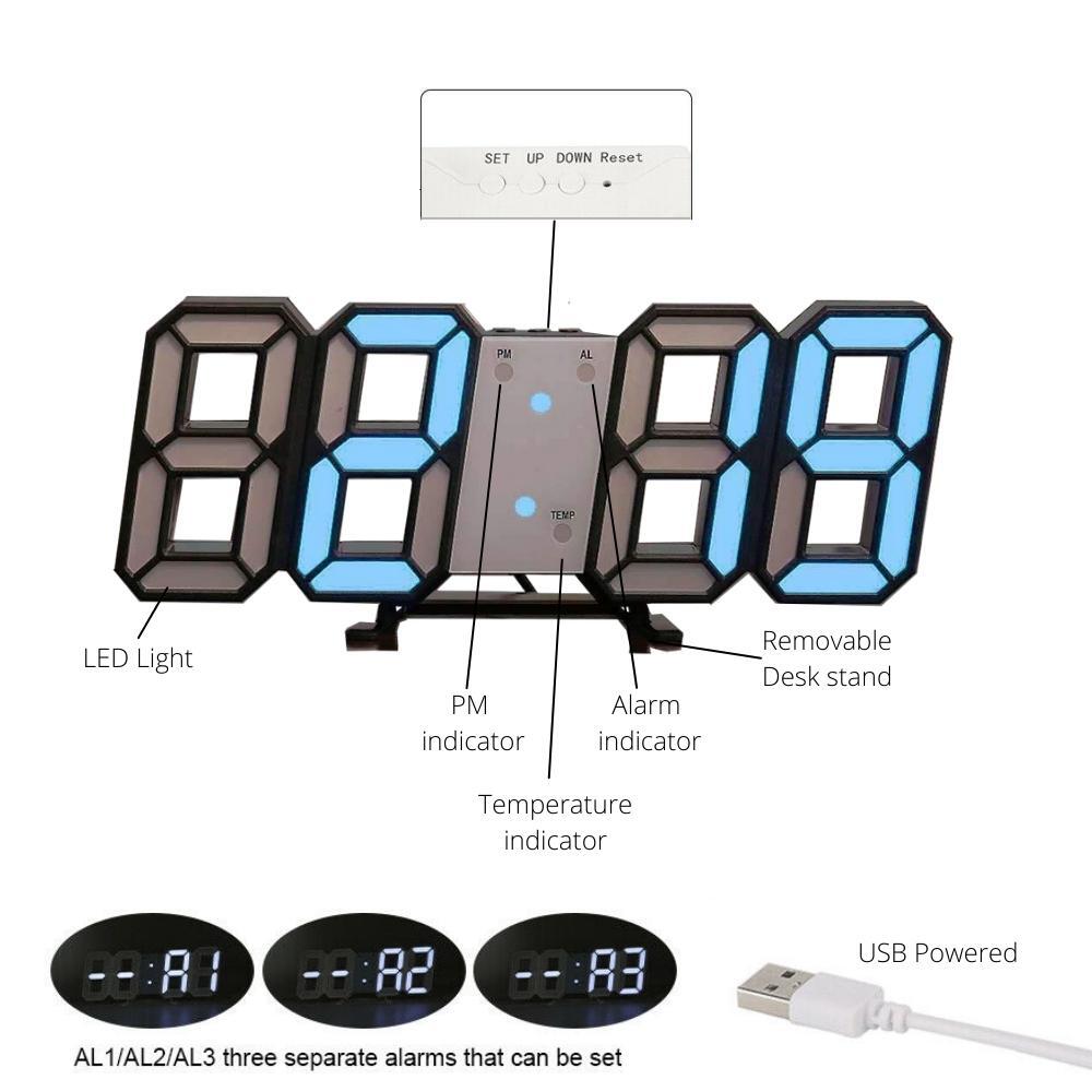 3D LED Light Up Desk/Wall Alarm Clock - Black