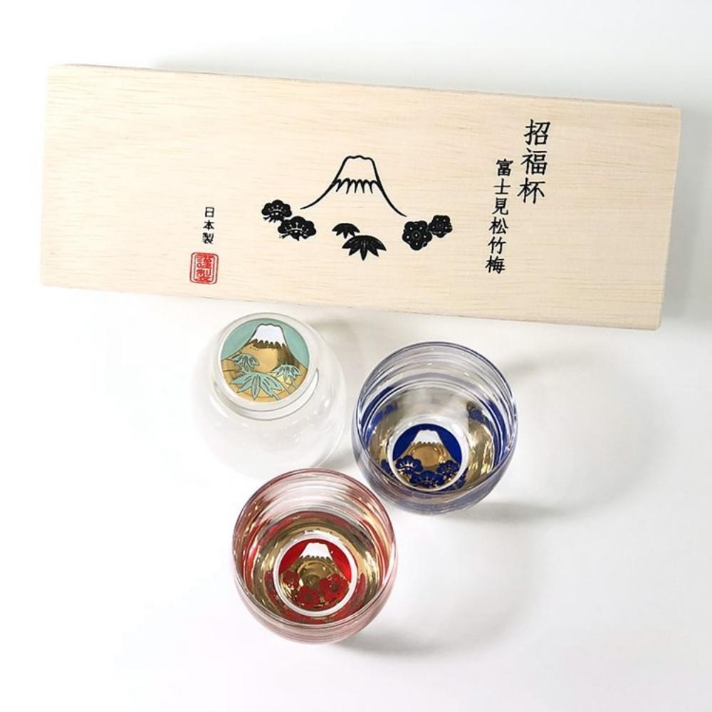 Toyosasaki Mt. Fuji and Shochikubai Glass Sake Cups (Set of 3)