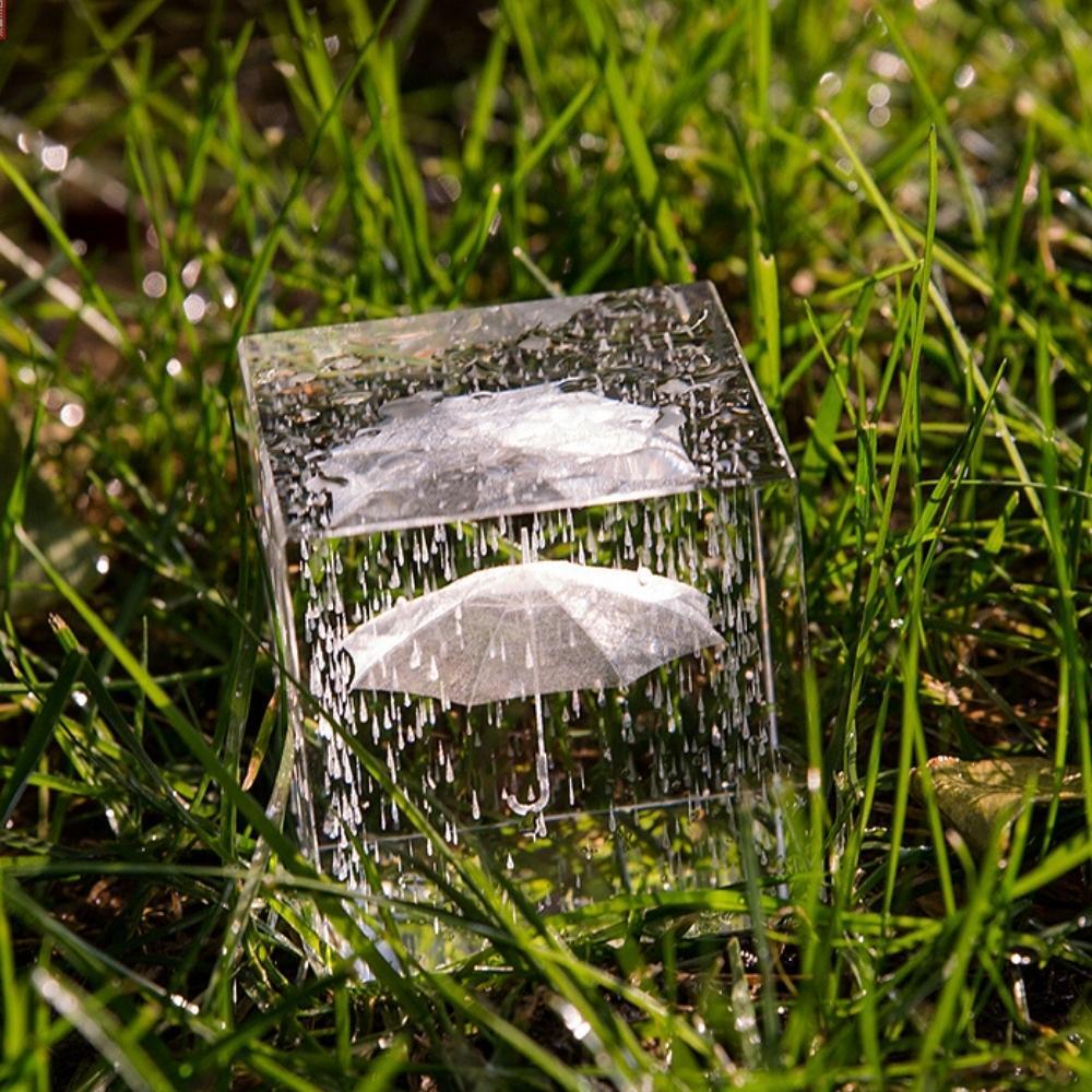 Umbrella Rain Crystal Glass 3D Laser Engraved Cube