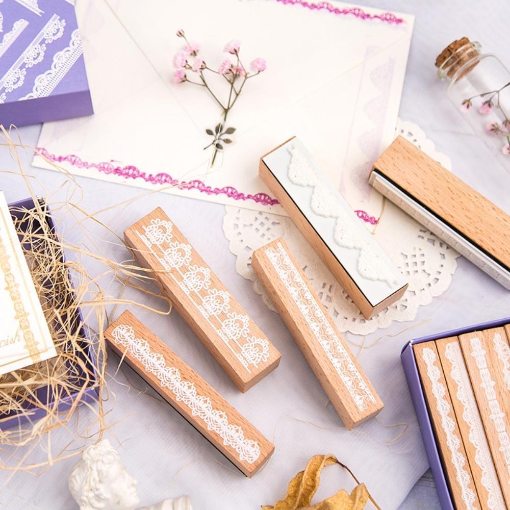 Vintage Lace Border Wooden Rubber Stamp Box Set 10pcs