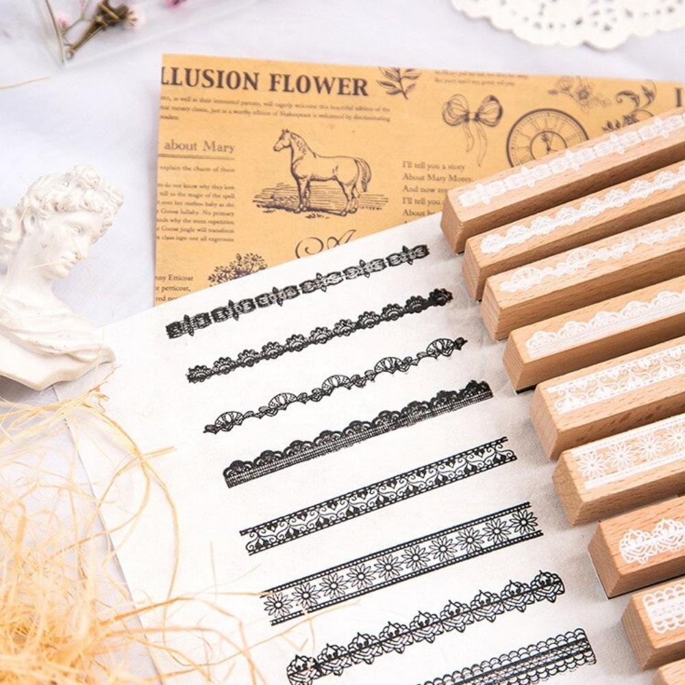 Vintage Lace Border Wooden Rubber Stamp Box Set 10pcs