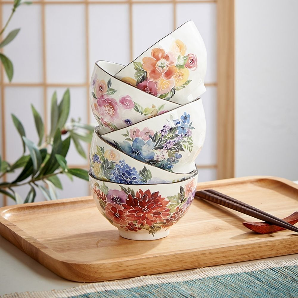 And Ai Minoyaki Hananeiro Rice Bowls Set of 5