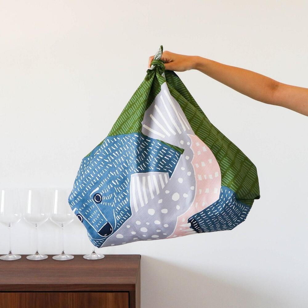 Musubi 100 Kata Kata Aquadrop Bear & Salmon Furoshiki Wrapping Cloth