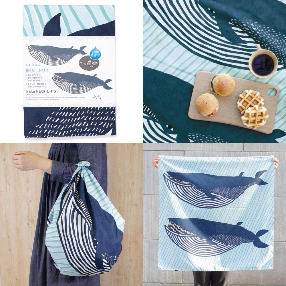 Musubi 100 Kata Kata Aquadrop Whale Blue Furoshiki Wrapping Cloth