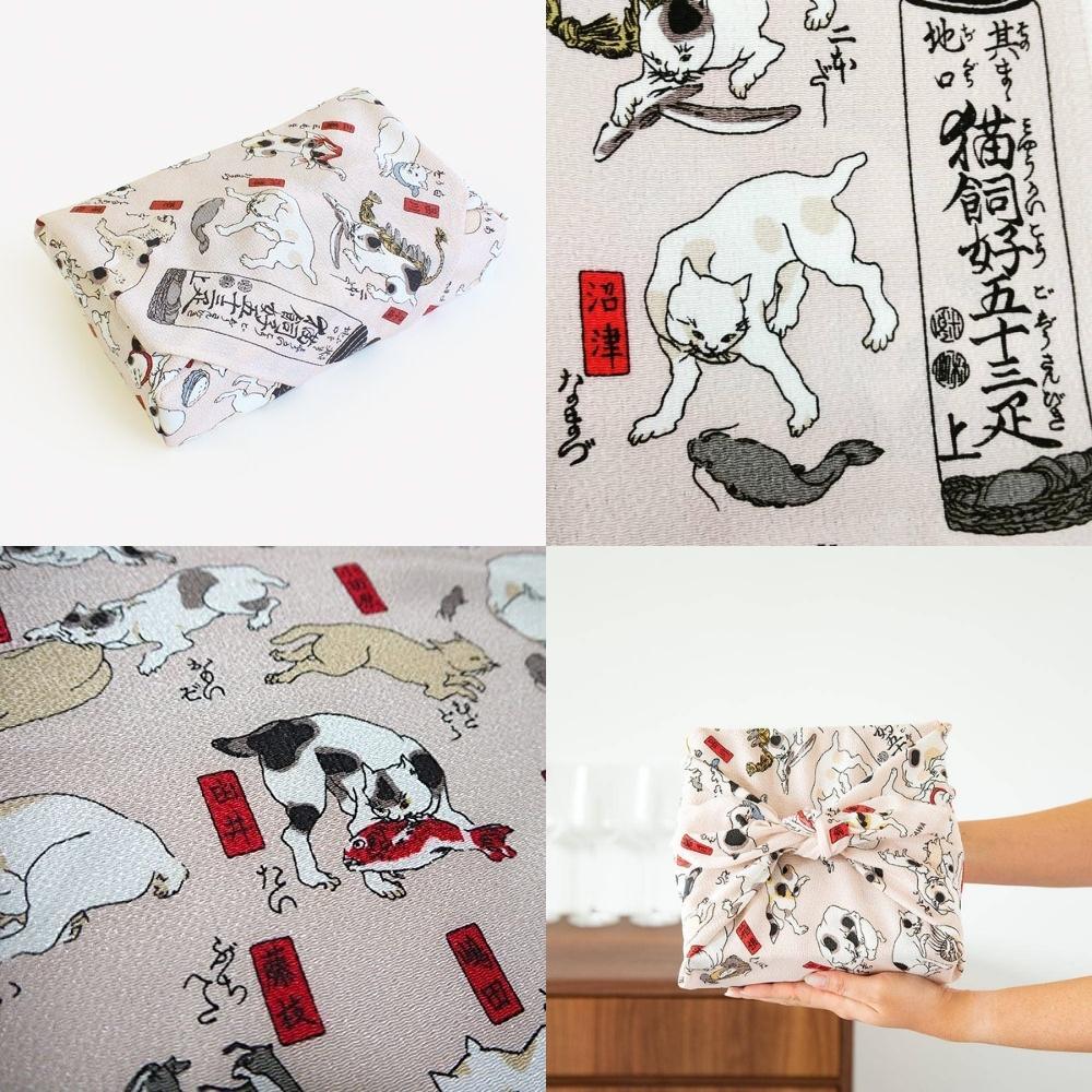 Musubi 68 The Great Cats of Tokaido Chirimen Furoshiki Wrapping Cloth