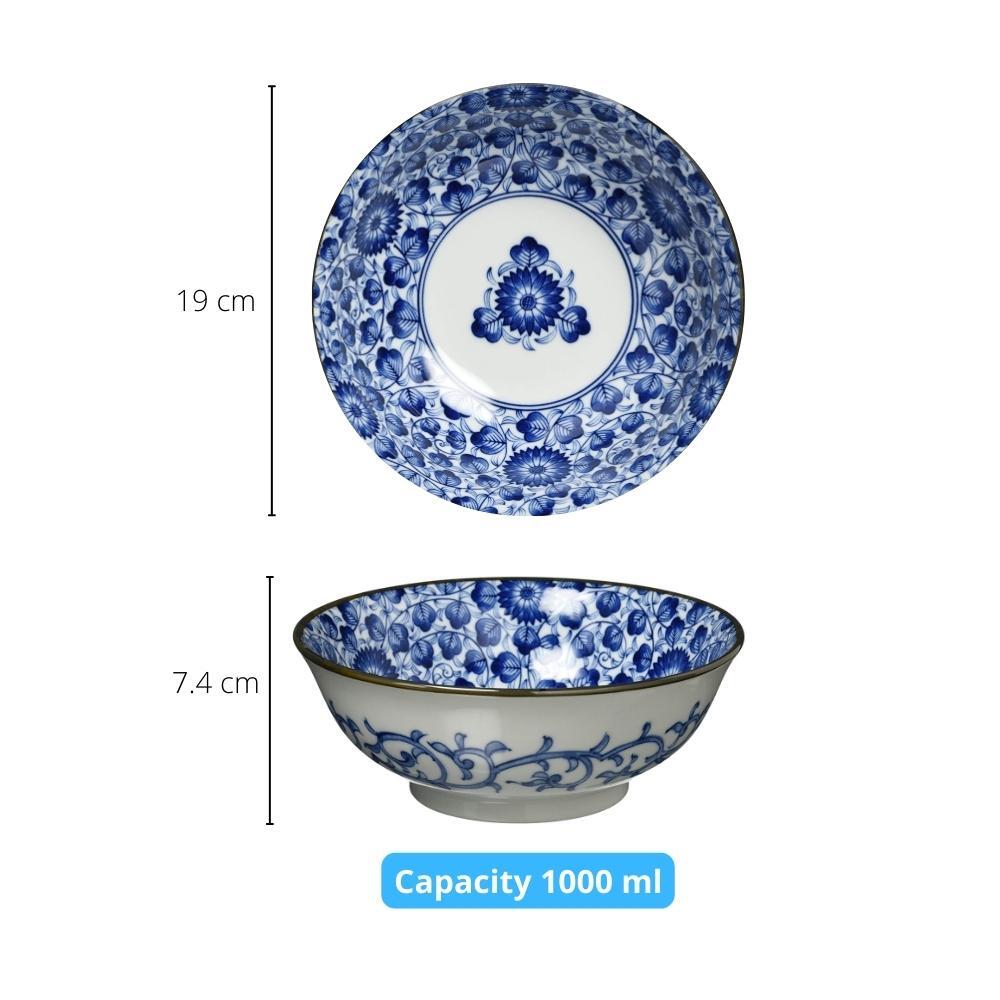 Mino Ware Indigo Chrysanthemum Japanese Porcelain Ramen Bowl