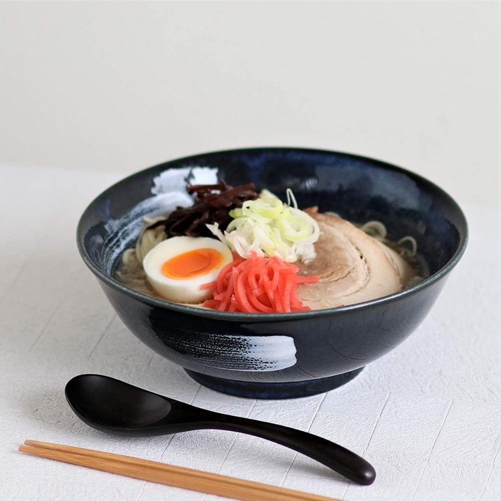 Minoru Pottery Kiln Navy Brush Porcelain Ramen Bowl 21cm