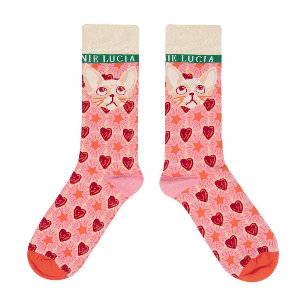 Vintage Cat with Hearts & Stars Crew Socks