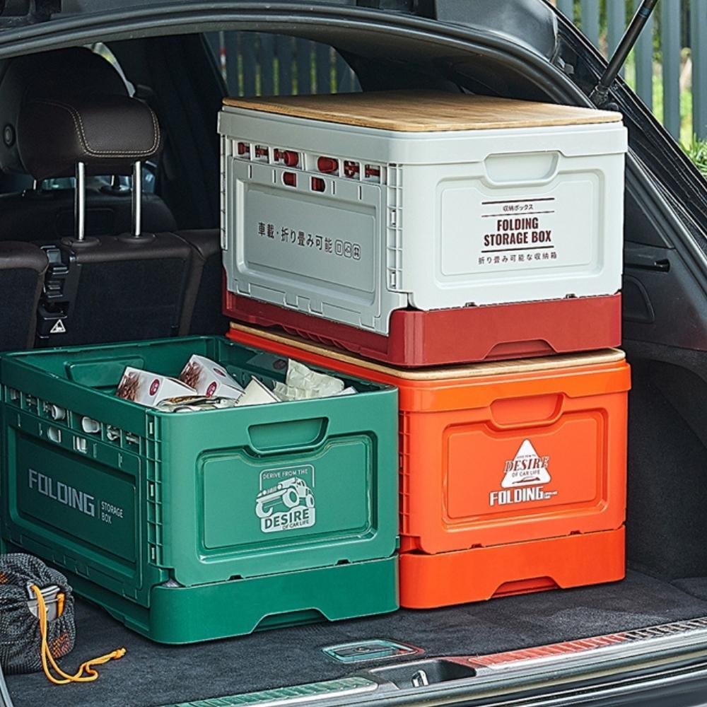 Outdoor Camping Folding Storage Box with Wooden Lid - Nature Green