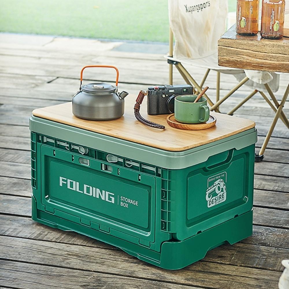Outdoor Camping Folding Storage Box with Wooden Lid - Nature Green