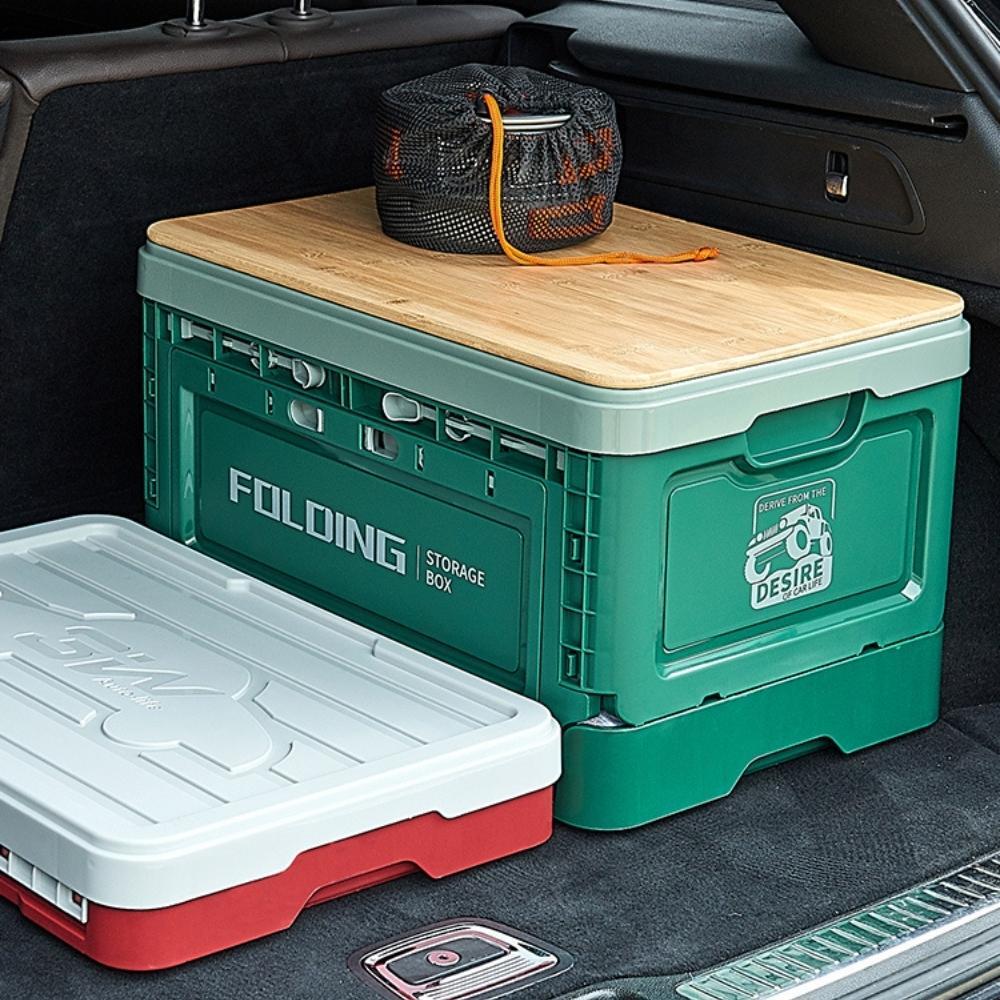 Outdoor Camping Folding Storage Box with Wooden Lid - Nature Green