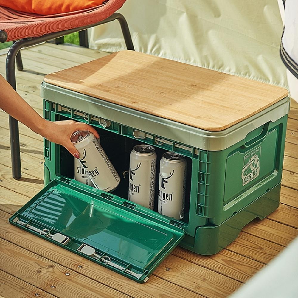 Outdoor Camping Folding Storage Box with Wooden Lid - Nature Green