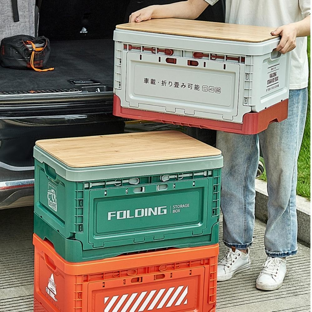 Outdoor Camping Folding Storage Box with Wooden Lid - Nature Green