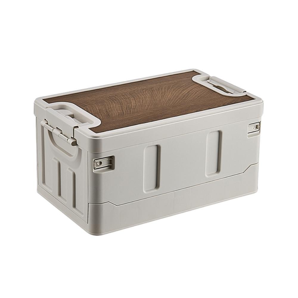 Outdoor Camping Folding Storage Box with Wooden Lid - White