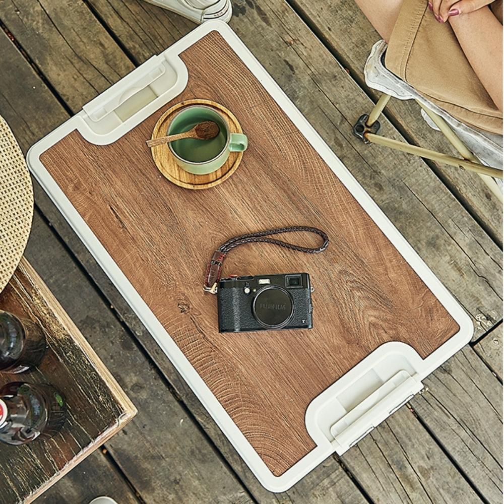 Outdoor Camping Folding Storage Box with Wooden Lid - White