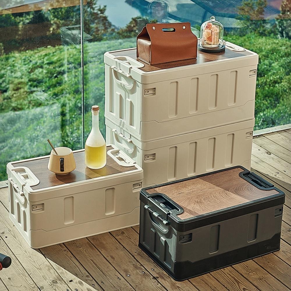 Outdoor Camping Folding Storage Box with Wooden Lid - White