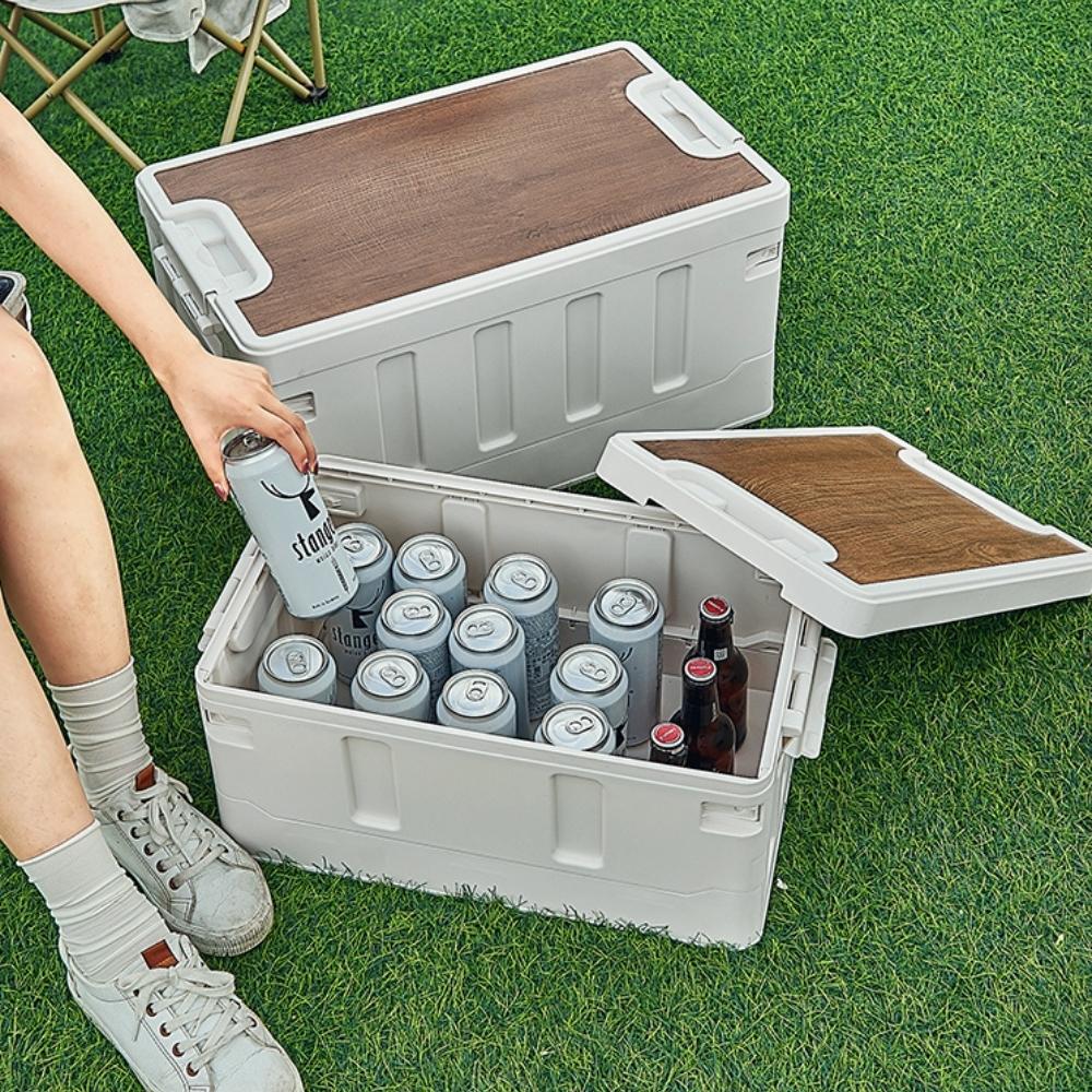 Outdoor Camping Folding Storage Box with Wooden Lid - White