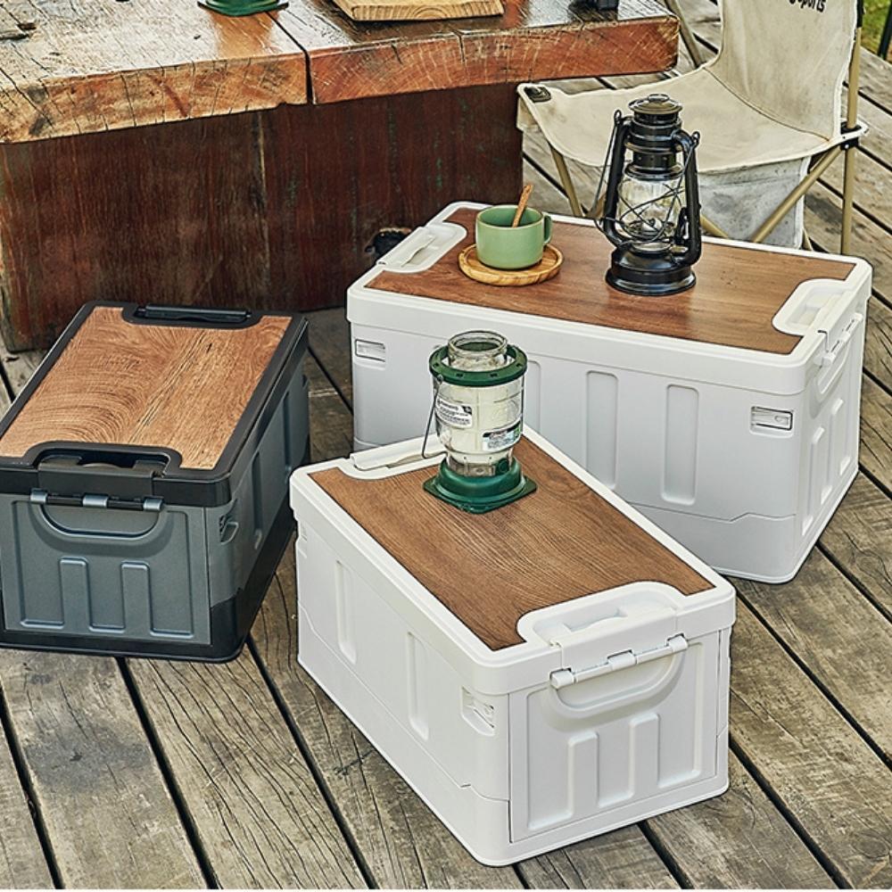 Outdoor Camping Folding Storage Box with Wooden Lid - White