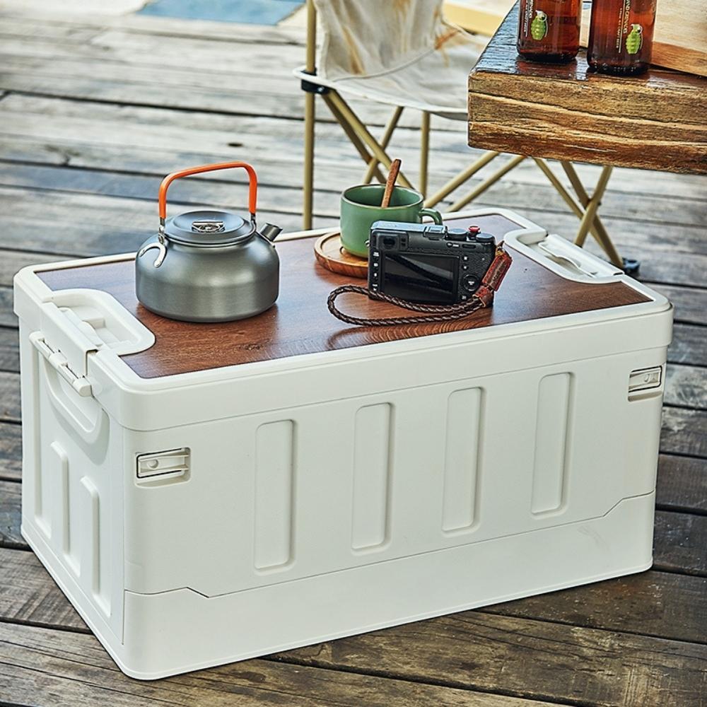 Outdoor Camping Folding Storage Box with Wooden Lid - White