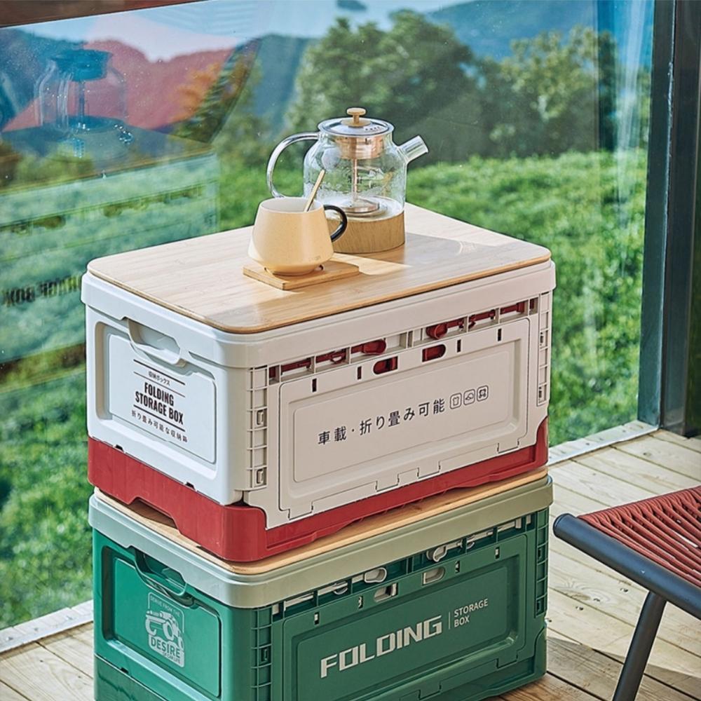 Outdoor Camping Folding Storage Box with Wooden Lid - Mountain Grey