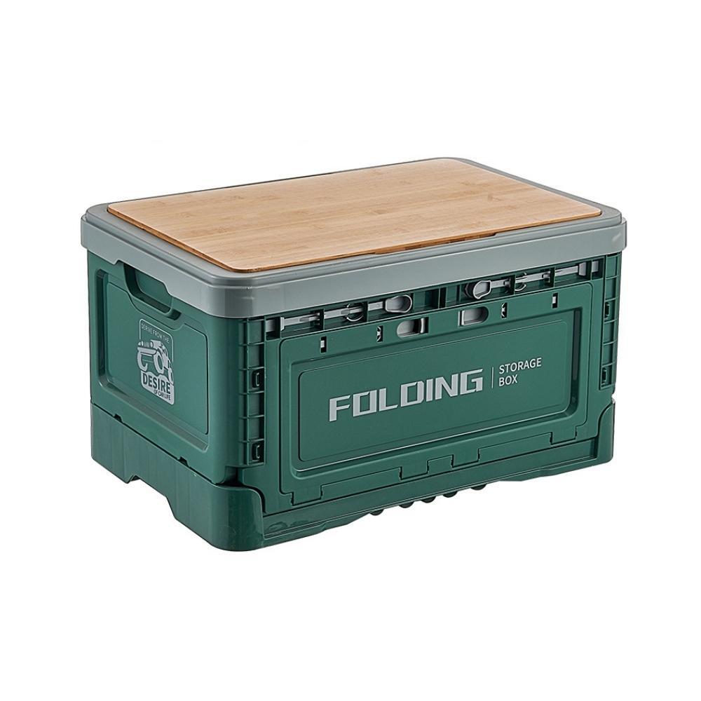 Outdoor Camping Folding Storage Box with Wooden Lid - Nature Green