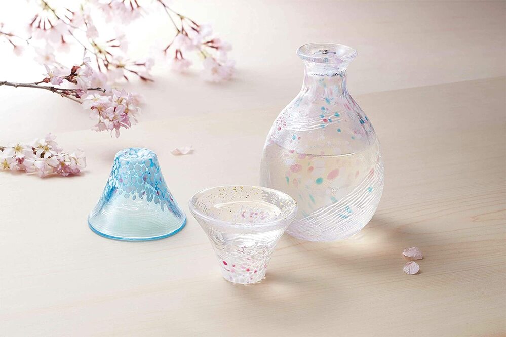 Toyo-Sasaki Glass Good Fortune Sakura Mt Fuji Sake Set