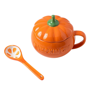 Ceramic Pumpkin Mug with Lid and Spoon 