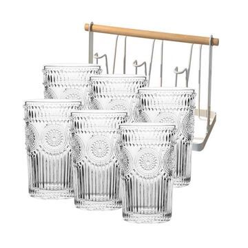 Sunflower Glass Highball Tumblers with Holder (7pcs set)