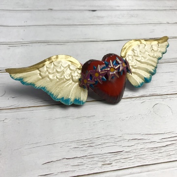 Mexican Folk Art 22cm Tin Heart with Wings