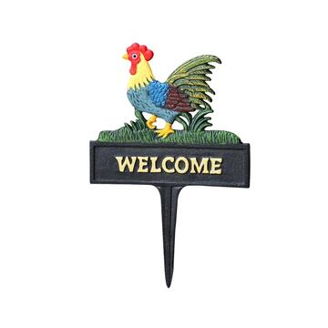 Cast Iron Hand Painted Rooster Welcome Garden Stake